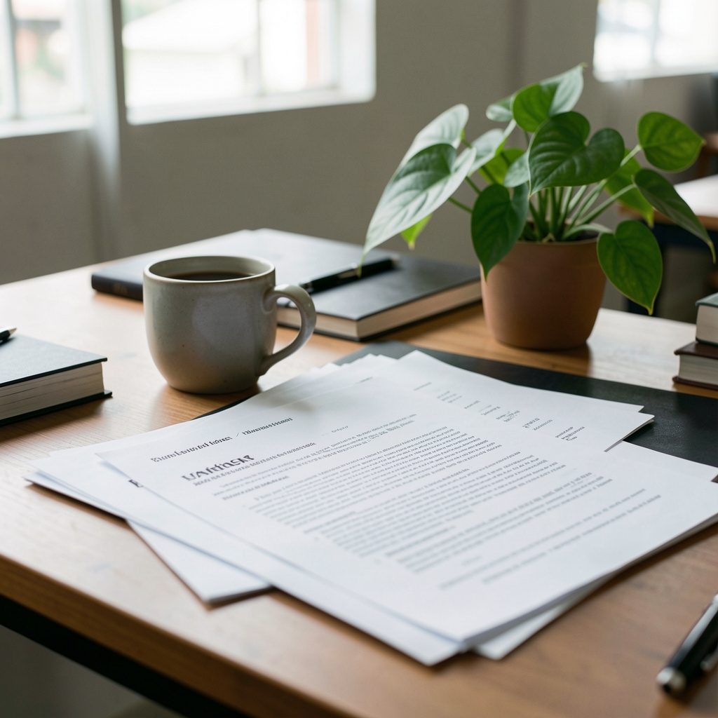 Editorial desk with marked research papers, a ceramic cup, and green leaves in Jakarta