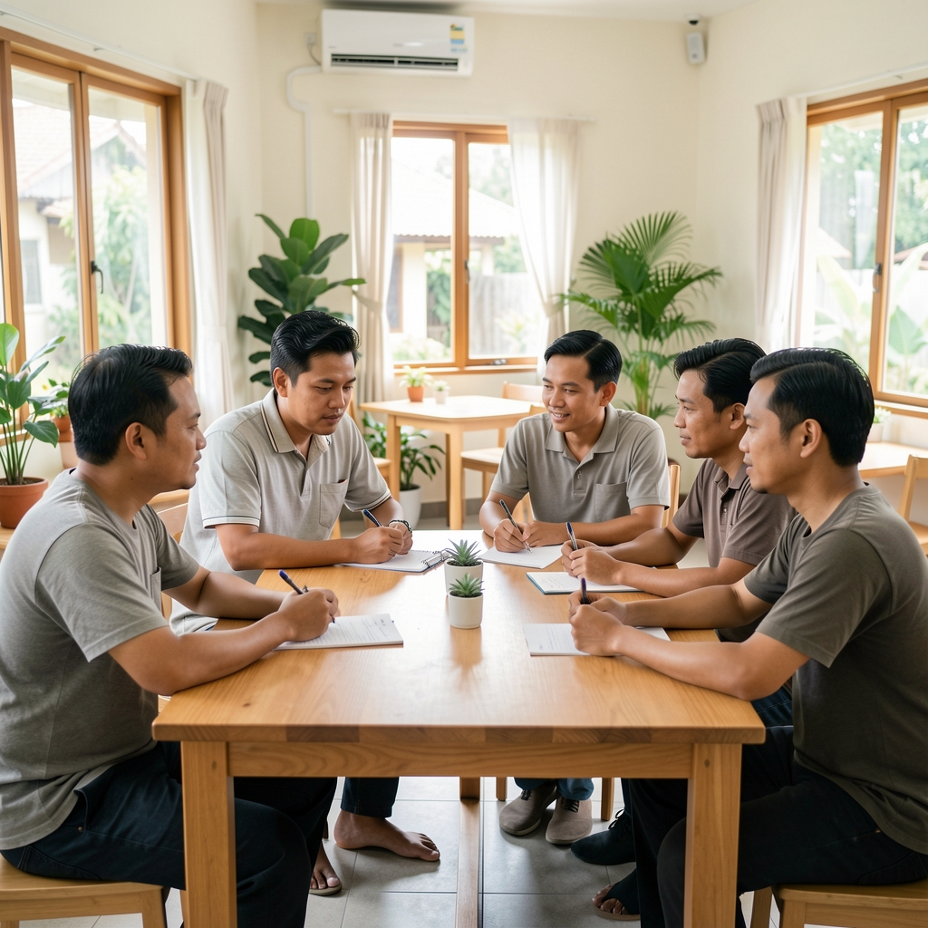 Small diverse group of Indonesian men seated around a wooden table discussing wellness notes in a bright community room