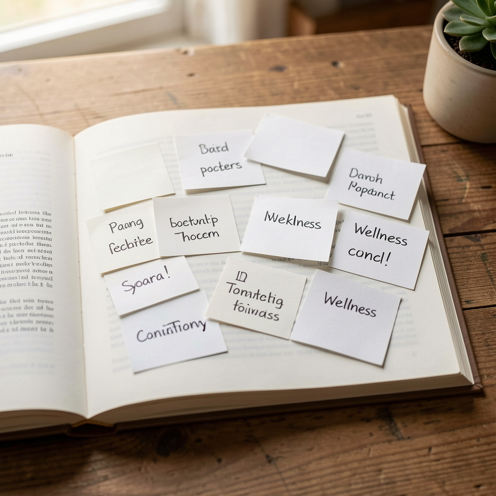 Open reference book with handwritten wellness vocabulary cards on a wooden desk