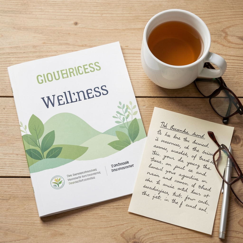 Printed wellness guide and handwritten notes beside a cup of tea and reading glasses