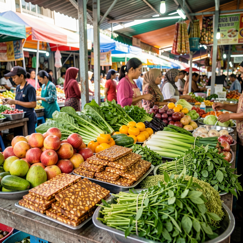 Fresh vegetables, tempeh, fruit, and herbs arranged at a bright Indonesian market stall