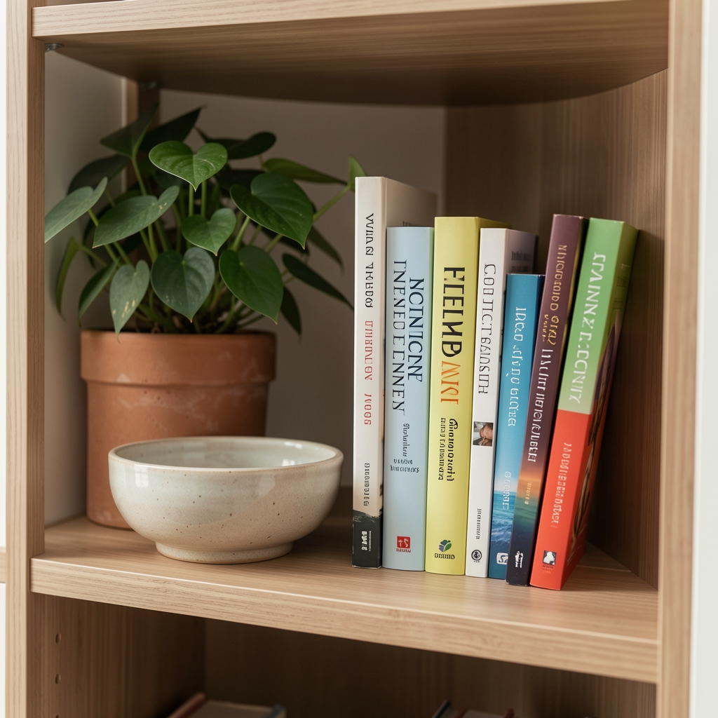 Calm home reading shelf with wellness books, ceramic bowl, and leafy houseplant